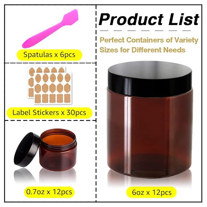 8oz Amber Plastic Jars with Lids 8 oz Plastic Containers with Lids + 20g Sample Containers (Set of 24) Airtight Container for Lip Scrub, Body Butters, Cream, Slime, Craft Storage