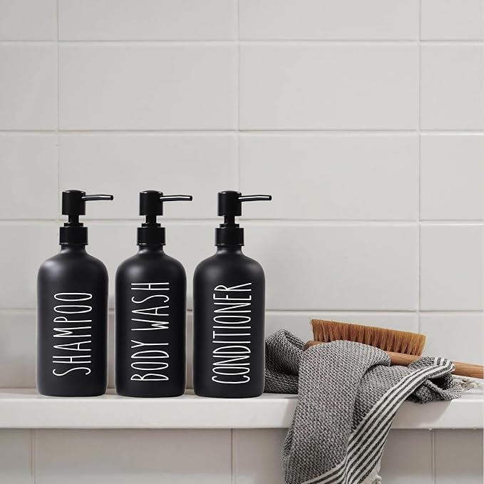 HOMCDALY Shampoo and Conditioner Dispenser Set of 3, 21oz Shower Soap Bottles with Pump, Refillable Shampoo Conditioner Body Wash Dispenser, Bathroom Shower Shampoo Bottles, shampoo container(P-Black)