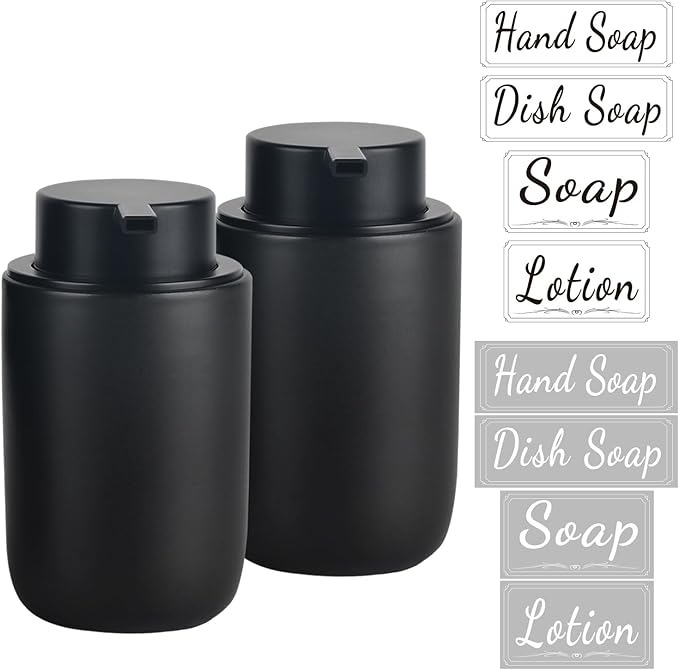 BosilunLife Foaming Soap Dispenser Set - Black Ceramic Foam Hand Dispenser 12oz Soap Dispenser Set with Rust Proof Pump, 4Pcs Clear Stickers for Kitchen, Bathroom - 2 Pack