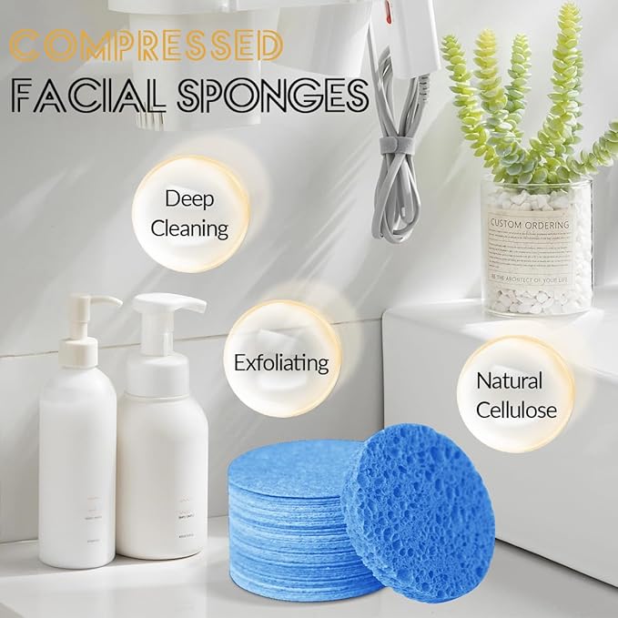 100-Count Facial Sponges Compressed Natural Cellulose Sponge Round Shape Face Sponge for Face Cleansing Exfoliating and Makeup Removal, Blue