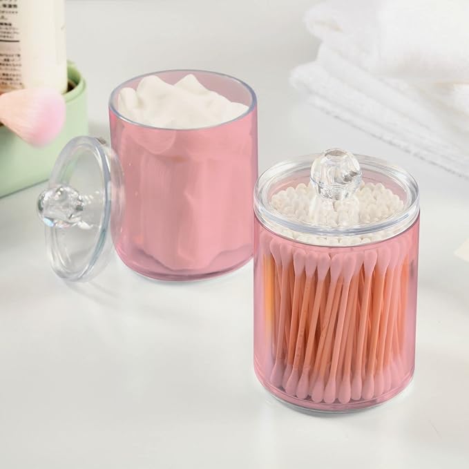 Pink Qtip Holder Organizer Dispenser Cotton Swabs Cans Plastic Jars with Lid Set 4 Pack Bathroom Storage Canister for Cotton Ball Floss Cotton Pads
