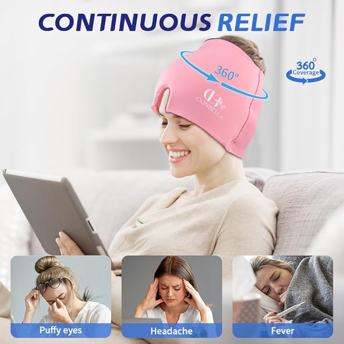 Migraine Relief Cap, Soothing Headache Ice Face Mask Products, Hot and Cold Therapy, Migraine Headache Relief Cap for Migraine, Sinus, Puffy Eyes, Tension, Stress and Hangover (Black+Pink)