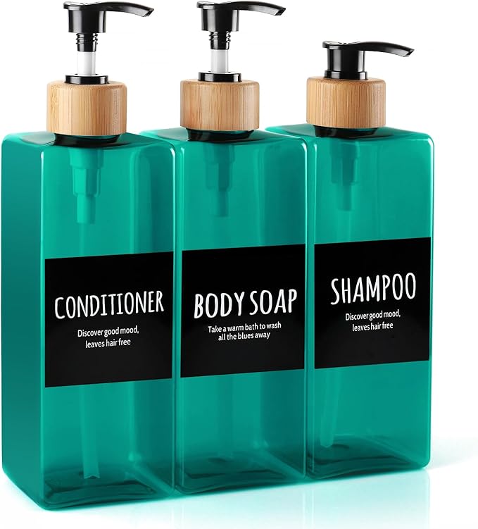 Shampoo and Body soap Dispenser, 16.9 Ounce 3-Pack Reusable Shampoo and Conditioner Bottle, pushable Bamboo Pump Empty Shampoo Bottle, Suitable for Other Bathroom scenarios (Green)