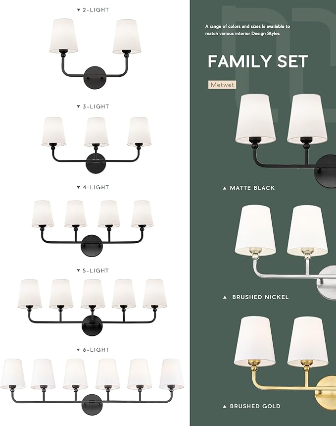 Bathroom Light Fixtures, Matte Black Vanity Lights with Flared White Fabric Shade, 3 Light Wall Sconce, Modern Sconces Wall Lighting for Hallway Bedroom, VL837-MB-3