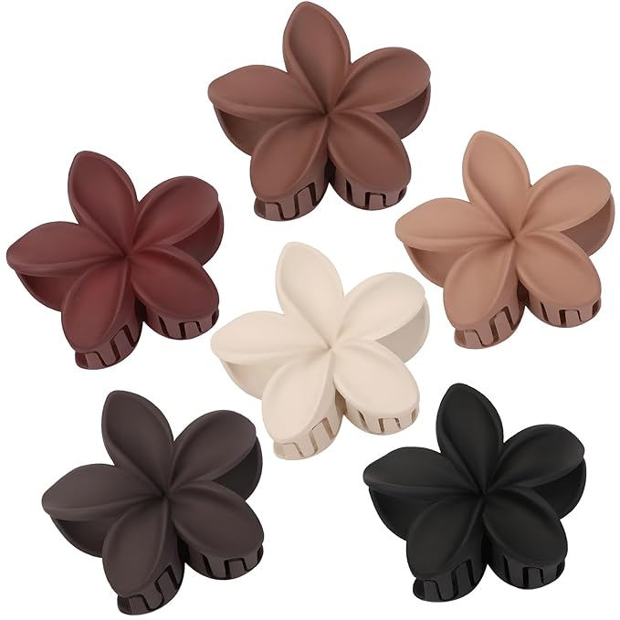 Flower Hair Clips 6 PCS Hawaiian Claw Clips for Vacation Hibiscus Hair Claw Cute Large Hair Clips for Thick and Thin Hair Plumeria Hair Accessories for Women Girls -Brown Scarlet