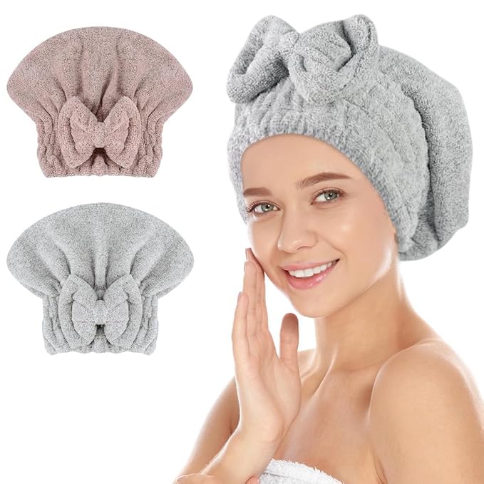 SUNLAND Large Microfiber Hair Drying Caps with Bow knot Fast Drying Shower Cap Soft and Absorbent hairWrap Hair Turban Bath Caps for Curly Thick and wet Hair 11 X 13.4 inch 2 Pack Multicolor