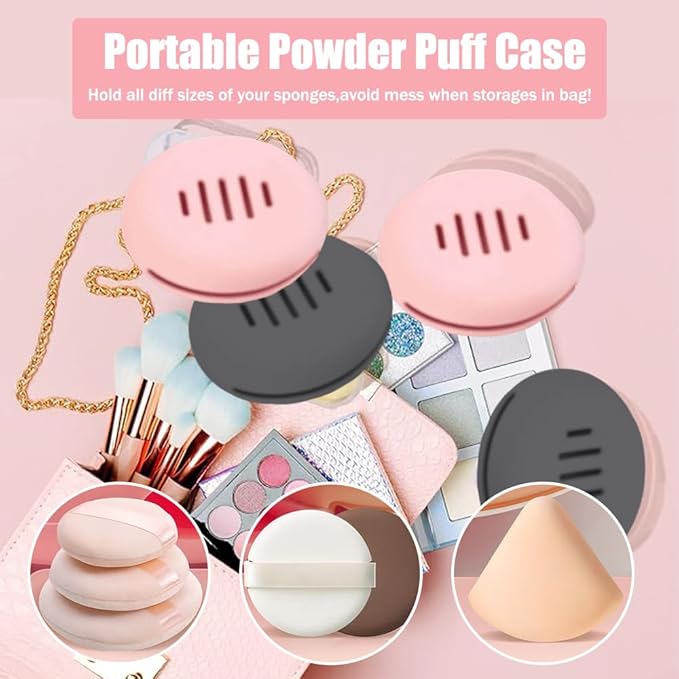 Portable Powder Puff Case,Breathable Round Makeup Puff Protective Container,Silicone Make-up Storage Box Travel Quick Drying Easy to Carry,4 Pieces,Pink+Grey
