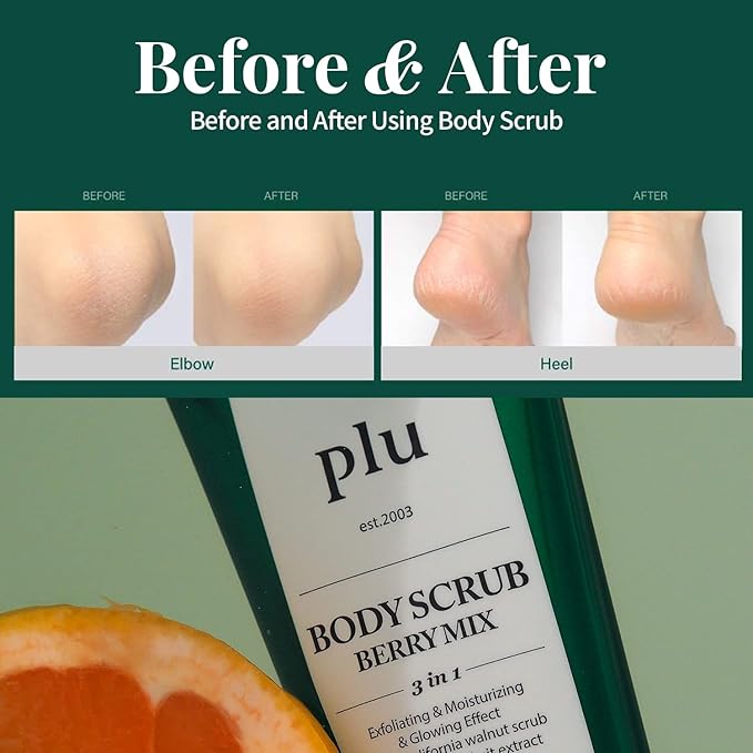 PLU Korean Original Walnut Body Scrub Polish - Berry Mix - Exfoliating, Hydrating & Smoothing for Radiant Skin Texture - Sweet Raspberry & Acai Berry Scent, 7.05 oz.