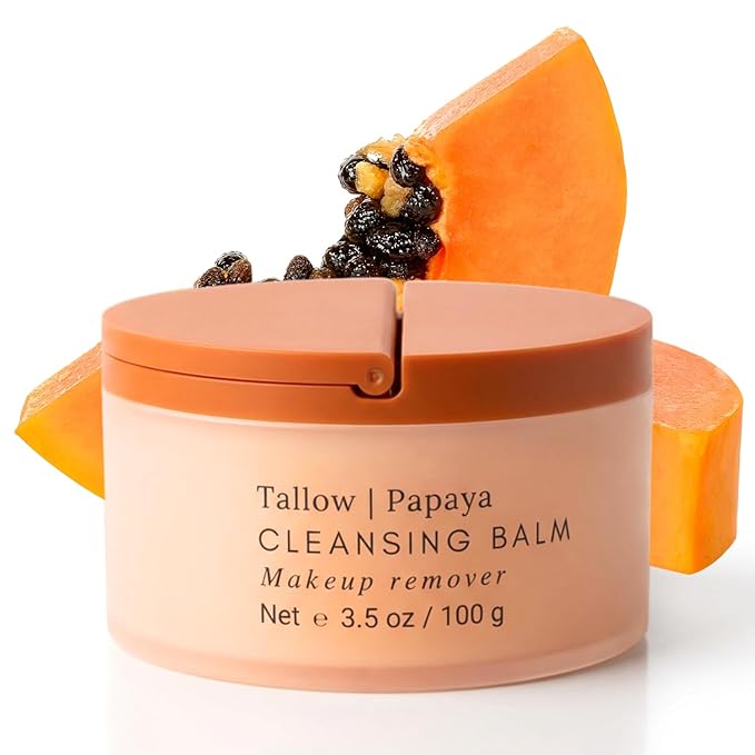 Tallow Cleansing Balm - With Grass-fed Beef Tallow, Papaya Enzyme | Waterproof Makeup Remover Balm | Natural Face Cleanser Oil | Sulphate Free | for sensitive skin, MADE IN USA - 3.17 oz/ 90 g (2 oz)