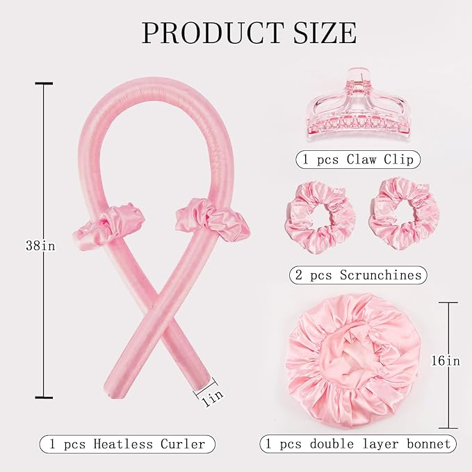 No Heat Overnight Curls with Double Layer Satin Bonnet - Soft Hair Curlers to Sleep In, heatless Curling Rods Set + Silk Bonnet for Women & Girls Long Hair, Heatless Waves & Volume (Pink)