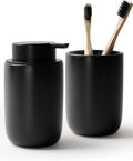 Bosilunlife Soap Dispenser and Toothbrush Holder Set - Dish Hand Soap Dispenser Bathroom Set Ceramic Bathroom Counter Soap Toothbrush Holder Set Black Bathroom Accessories Set
