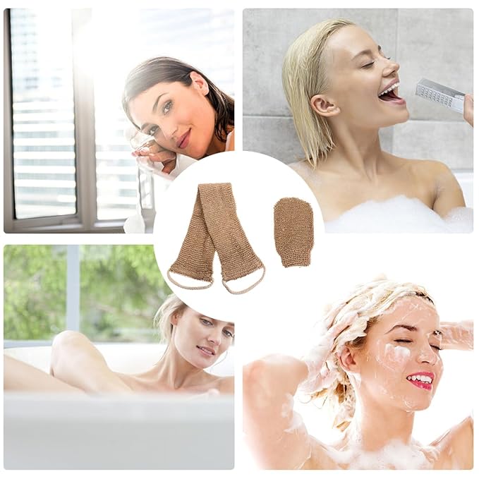 2Pcs Hemp Fiber Exfoliating Bath Gloves Double-Sided Scrubber with Back Strap for Deep Body Cleaning and Shower Spa