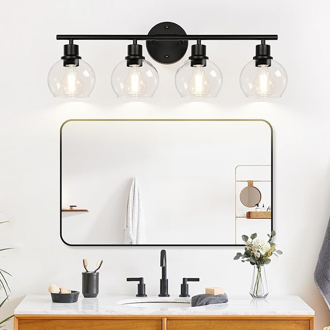 4-Light Bathroom Light Fixtures, Black Bathroom Lights Over Mirror with Clear Glass Globe Shade, Vanity Lights for Bathroom Kitchen Living Room Hallway Cabinet Bedroom Porch