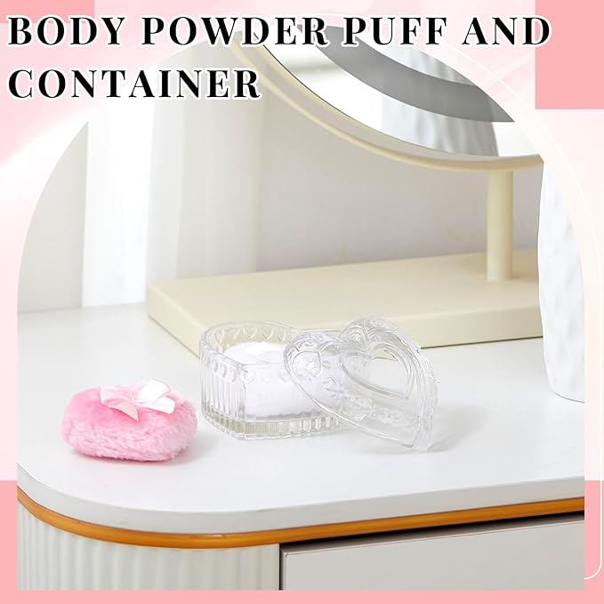 Tioncy 3 Pcs Large Body Powder Puff and Container Valentine's Day gift Powder Container with Puff Crystal Case Soft Washable Reusable Velour Face Body Glitter Wet Dry Makeup(Heart,Clear)