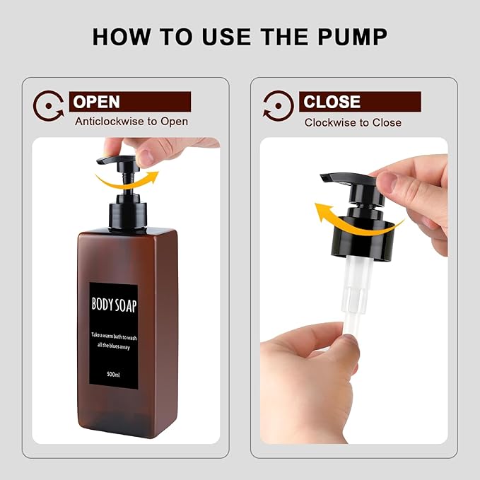 Shampoo and Conditioner Dispenser (Set of 2, 16.9oz) Modern Refillable Shampoo Pump Bottles for Shower Soap - Empty Body Wash Dispenser Set for Bathroom (Amber)