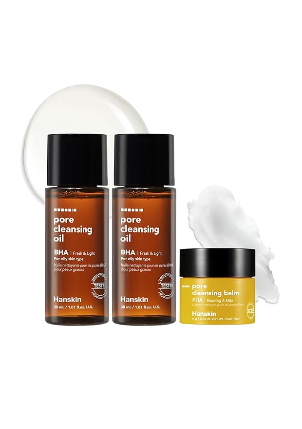 Hanskin BHA Pore Cleansing Oil and PHA Cleansing Balm, Sample Trial Size, Travel Size Mini Makeup Remover Set, Gentle Blackhead Cleanser for Combination and Oily Skin [30 ml/Pack of 2] + [8g/PHA Balm]