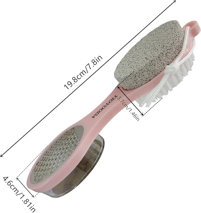 Foot File Callus Remover 5-in-1, 2 Pcs Feet Scraper Pedicure Tools with Pumice Stone, Scrubber Brush, Stainless Steel Foot Rasp and Sand Paper Debris Catcher, Multi Purpose, Pink
