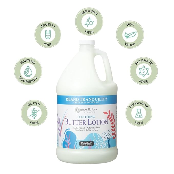 Ginger Lily Farms Botanicals Soothing Butter Lotion for Dry Skin, Island Tranquility, 100% Vegan & Cruelty-Free, Green Tea Lemongrass Scent, 1 Gallon (Pack of 4)