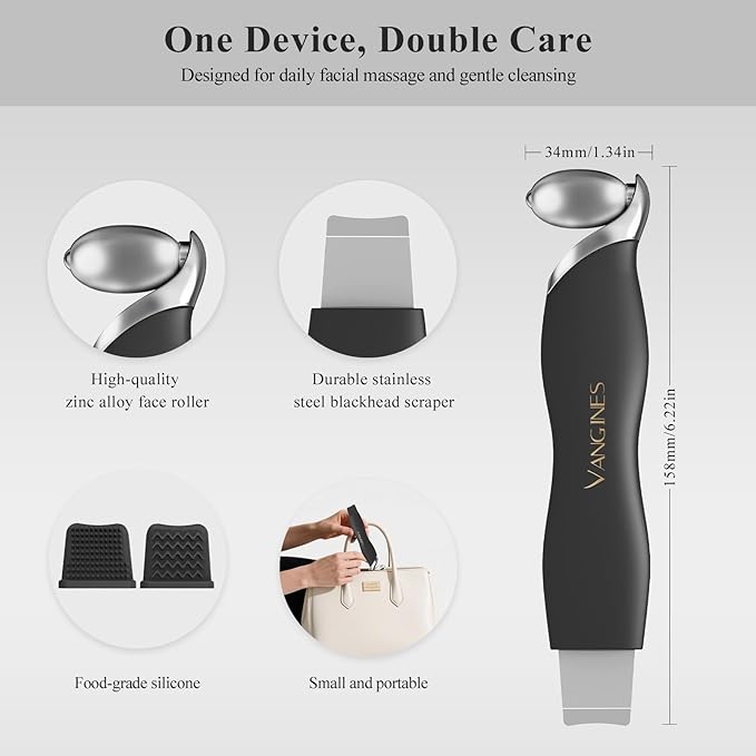 3-in-1 Blackhead Remover Tool with Ice Roller & 2 Silicone Brush Heads - Pore Cleaning Face Spatula, Stainless Steel Skin Scraper for Nose, T-Zone Deep Cleansing (Charcoal Black)