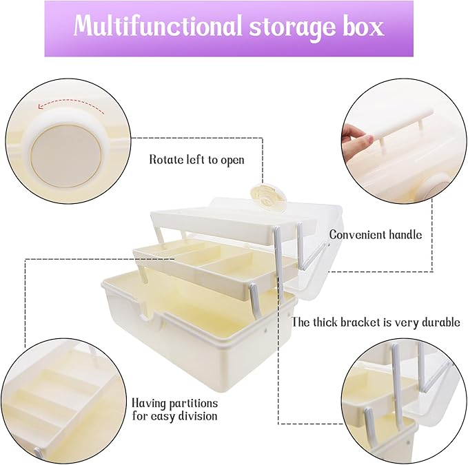 Craft Organizers and Storage,Plastic Box with 3-Tier Fold Tray and Handle,Portable Lockable Container for Arts, Crafts,Cosmetic, Sewing, Toy, Washi Tape(Cream Color)