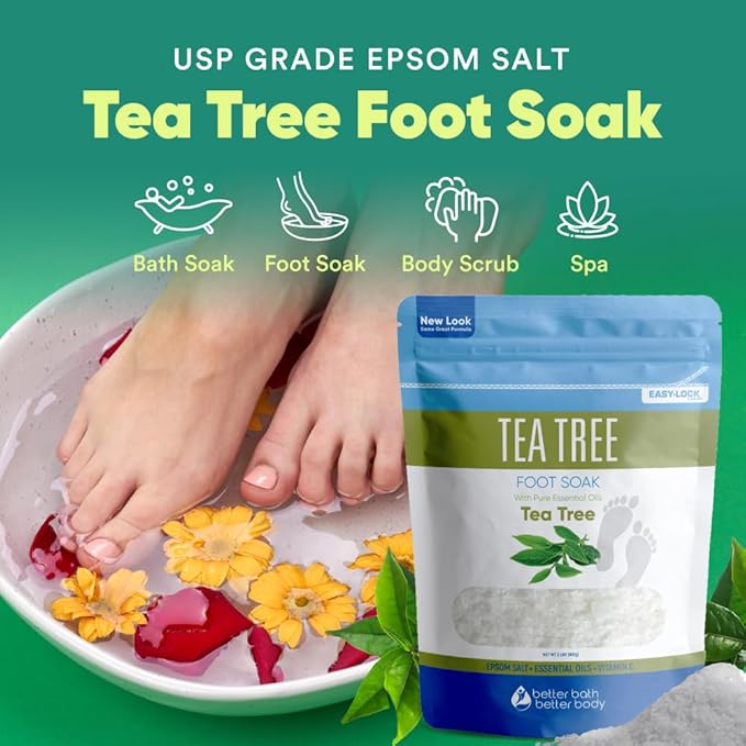 Tea Tree Foot Soak 32 Ounces (2 Lbs) USP Grade Epsom Salt with Natural Tea Tree Essential Oil Plus Vitamin C in BPA Free Pouch with Easy Press Lock Seal Made in USA DIY Home Spa Foot Care