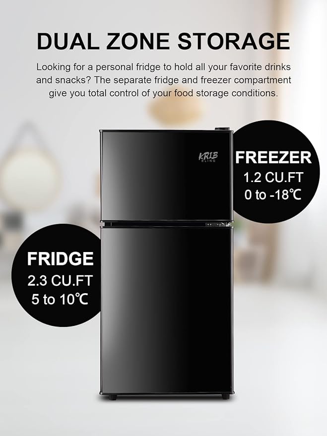 Mini Fridge With Freezer,3.5 Cu. Ft Compact Refrigerator With 2 Doors,7- Level Adjustable Thermostat, Removable Glass Shelves For Bedroom, Office, Kitchen, Apartment, Dorm, Black