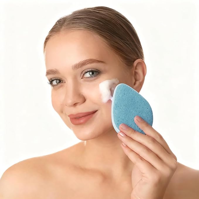 Light Blue Facial Cleansing Sponge 4-Pack with Box | SourceTon Soft Plant-Based Face Scrubber Exfoliator | Gentle Facial Sponge for Deep Pore Cleansing & Daily Exfoliating Pads for All Skin Types