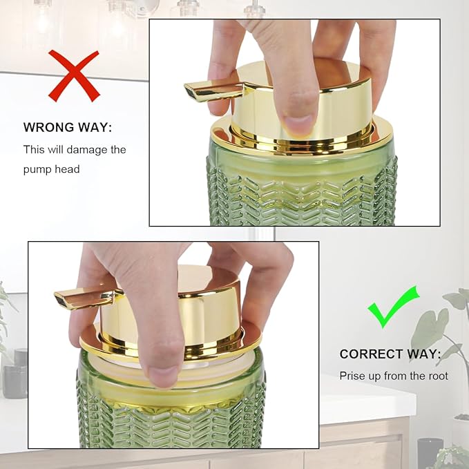Green Foaming Soap Dispenser, Glass Foam Hand Soap Dispenser with Gold Pump, Bathroom 10 Oz Refillable Liquid Lotion Pump Container Barrel Shape Bottle for Kitchen Countertop Decor