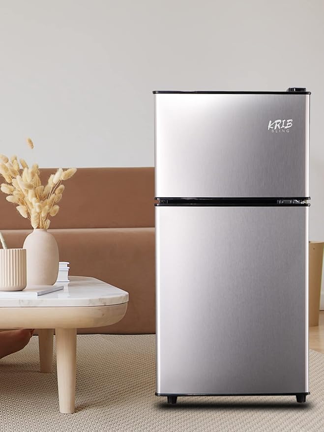 Mini Fridge With Freezer,3.5 Cu. Ft Compact Refrigerator With 2 Doors,7- Level Adjustable Thermostat, Removable Glass Shelves For Bedroom, Office, Kitchen, Apartment, Dorm, Silver