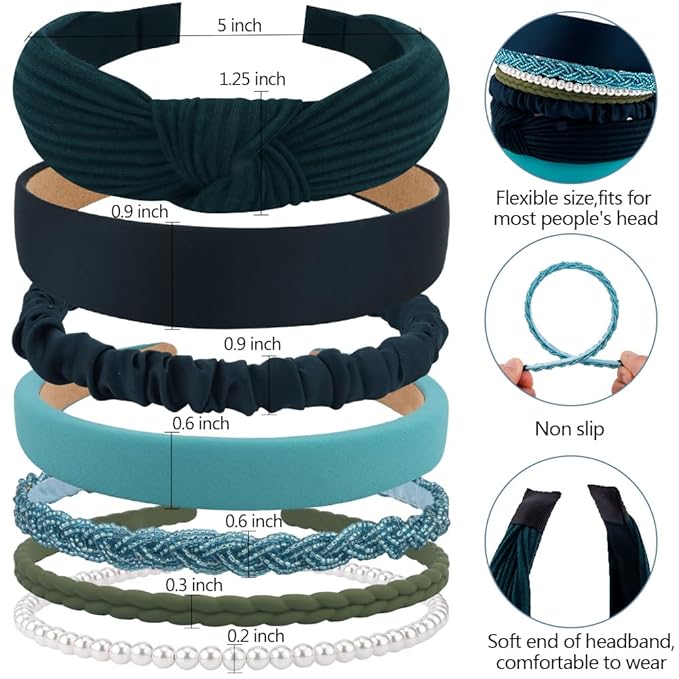 AHONEY 7 Pack Green Headbands for Women Christmas Headbands Trendy Non Slip Hairbands Cute Hair Accessories Multi-style Headband Pack