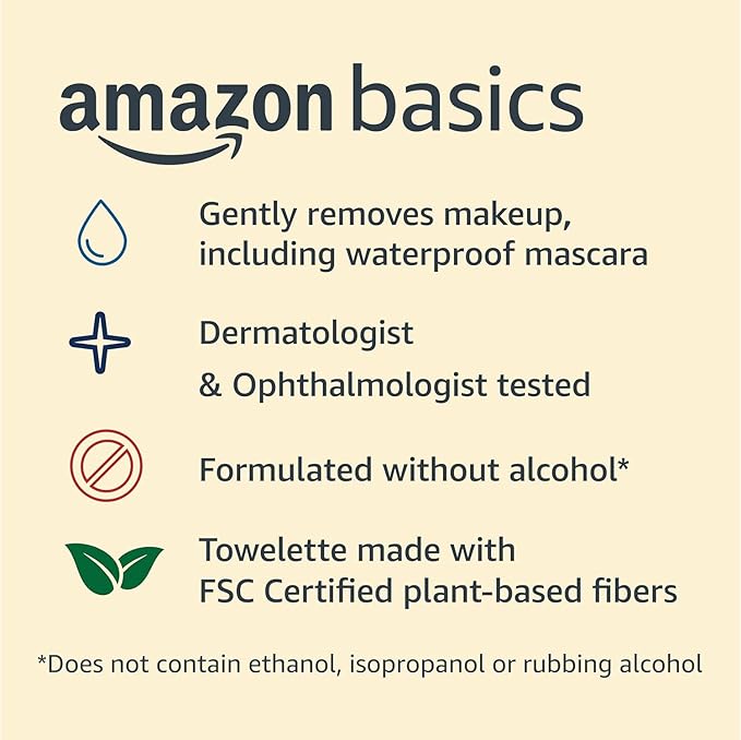 Amazon Basics Makeup Remover Wipes, Fragrance-Free, Alcohol-Free, Gentle Cleansing, Plant-Based, Dermatologist Tested, Removes Waterproof Mascara, Resealable, 25 Count, 1-Pack