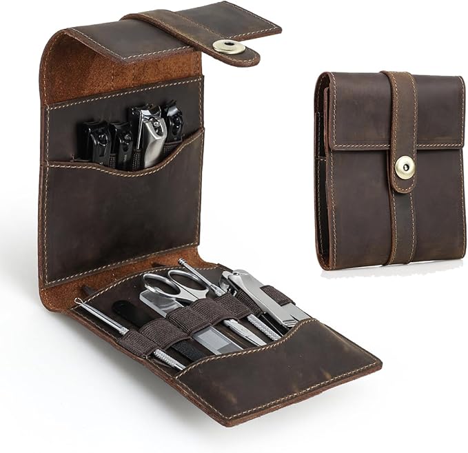CONTACTS Full Grain Leather Empty Manicure Kit Case for Men Travel Nail Clipper Pouch Small Personal Care Tools Pouch By Handmade (Case Only)