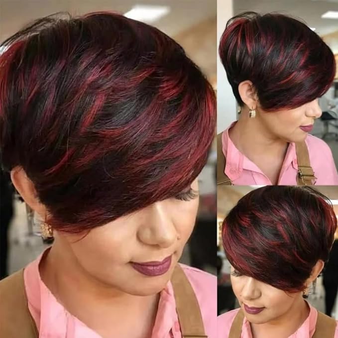 Adette Basic Pixie Cut Wig Straight Style - 1B/99J Burgundy Highlight 180% Density Brazilian Virgin Human Hair with Rose Net Cap, Glueless Machine Made for African American Women, Cosplay & Daily Wear