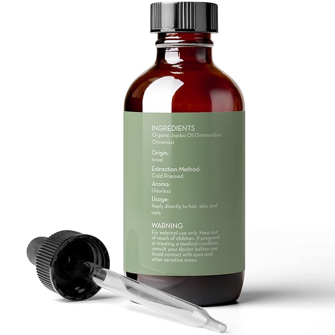 Pure Body Naturals Organic Jojoba Oil, 4 Fl Oz - 100% Pure, Organic, Cold Pressed Jojoba Oil for Skin, Face, Nails and Hair Growth - Carrier Oil for Mixing Essential Oils