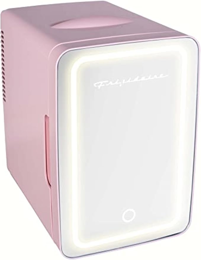 FRIGIDAIRE Mini Personal Fridge Cooler, LED Lighted Mirror, 6.5L Capacity, 9 Cans, 100% Freon-Free & Eco Friendly, for Makeup, Skincare, Portable, Pink