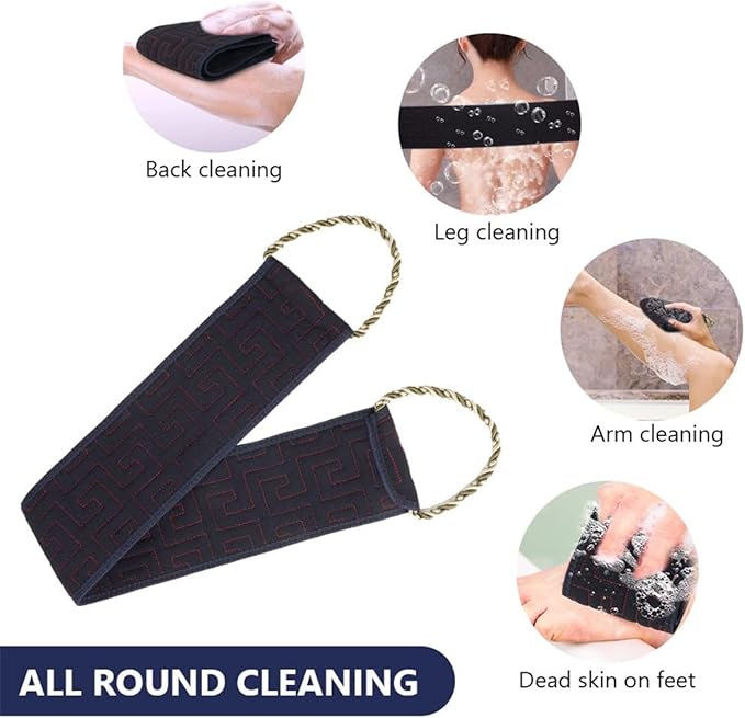 Exfoliating Back Scrubber for Shower, 34 Inches Back Scrubber with Handles, Double Sided Body Exfoliator Bath Tool, Exfoliating Washcloth to Scrub Your Body Deeply for Men & Women (Black)