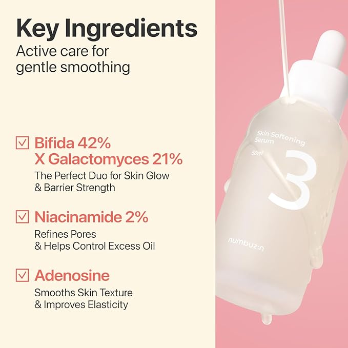 numbuzin No.3 Skin Softening Serum, Fermented Serum for Skin Texture & Pores, Bifida & Galactomyces, Niacinamide, Adenosine, Panthenol, Fragrance-Free, 1.69 fl oz (50ml)