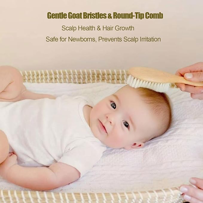 6 Piece Baby Hair Brush & Comb Set, Natural Bamboo & Goat Bristle for Cradle Cap Care, Newborn to Toddler Grooming Kit with Silicone Scrubbers for Scalp Massage