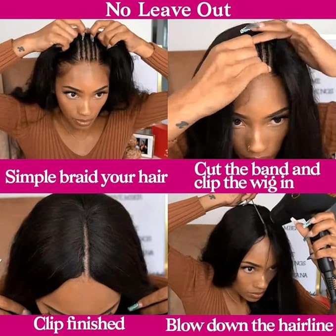 250% Density V Part Wigs Human Hair Straight Upgrade U Part Wigs Drawstring Wigs for Black Women Fits Snug & Secure No Glue No Sew in Beginner-friendly Clip In Half Wig Natural Color 26 Inch