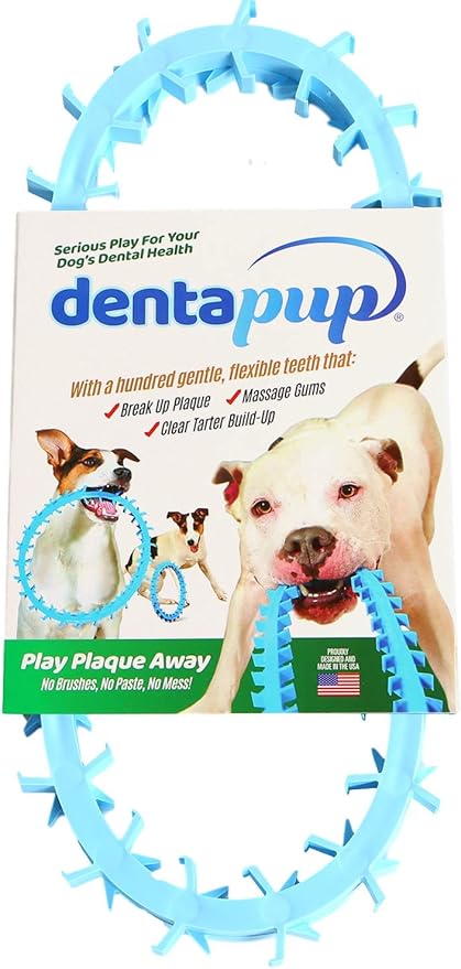 DentapupⓇ Dental Dog Toy Cleaning Teething Chew Ring with Teeth for Medium to Large Breed Dogs - Tartar & Plaque Remover, Gum Massager & Mouth Cleaner for Fresh Breath, Made in USA - Blue