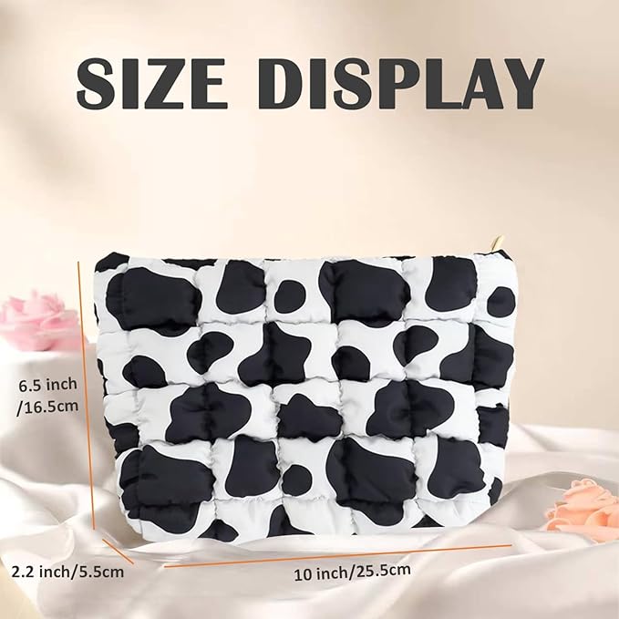 Puffy Quilted Makeup Bag, Cosmetic Bag, Travel Toiletry Organizer Pouch, Clutch for Women (Cow Print)