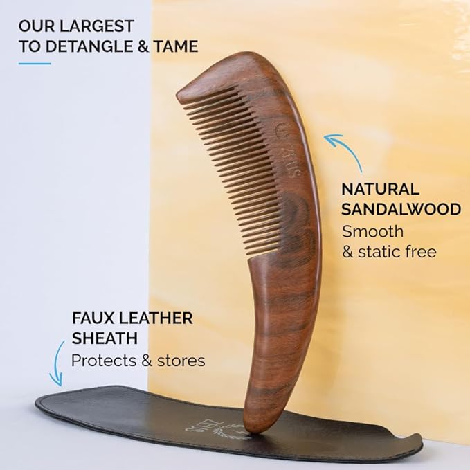 ZEUS Curved Sandalwood Beard Comb in Gift Box, Premium Grooming Essential with Sheath for Men’s Beard & Hair (M31)