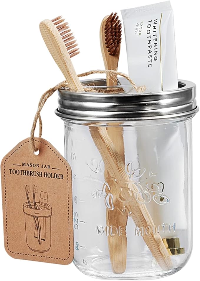Amolliar Mason Jar Bathroom Accessories Set(4 Pcs) -Lotion Soap Dispenser & 2 Qtip Holder & Toothbrush Holder-Rustic Farmhouse Decor, Countertop Vanity Organize, Bathroom Home Decor (Brushed Nickel)