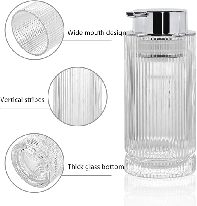 14 Oz Foaming Soap Dispenser, Clear Glass Soap Dispenser, Refillable Foam Pump Bottle Lotion Container with Silver Pump, Decorative Slim Ribbed Bottle for Bathroom and Kitchen Decor