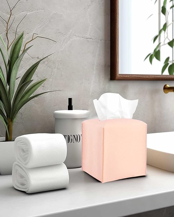 Pink Tissue Box Cover Leather – with Bottom Belt [JESMINI] Decorative Modern PU Leather Tissue Box Holder for Bathroom Vanity/Night Stands/Office