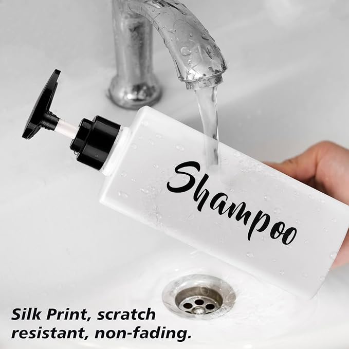 16.9oz Shampoo Conditioner Body Wash Dispenser for Shower, Refillable Printed Soap Bottles with Pump, Empty Plastic Bathroom Dispenser Set for Shampoo, Conditioner & Soap (White, 3 Pack)