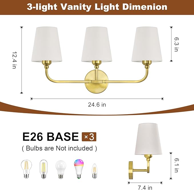 Bathroom Vanity Light, Brushed Gold Bathroom Light Fixtures, 3-Light Lighting Fixtures Over Mirror, Modern Wall Sconce with Flared White Fabric Shade, E26 Socket(ETL Listed)