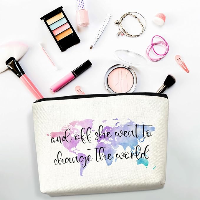 Graduation Gift Inspirational Travel Makeup Bag, And Off She Went To Change The World Cosmetic Bags Zipper Pouch Travel Toiletry Bag, World Map Gifts for Women Girls Daughter Sisters Coworker Friends