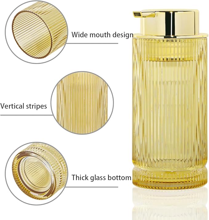 14 Oz Foaming Soap Dispenser, Amber Glass Soap Dispenser, Refillable Foam Pump Bottle Lotion Container with Gold Pump, Decorative Slim Ribbed Bottle for Bathroom and Kitchen Decor