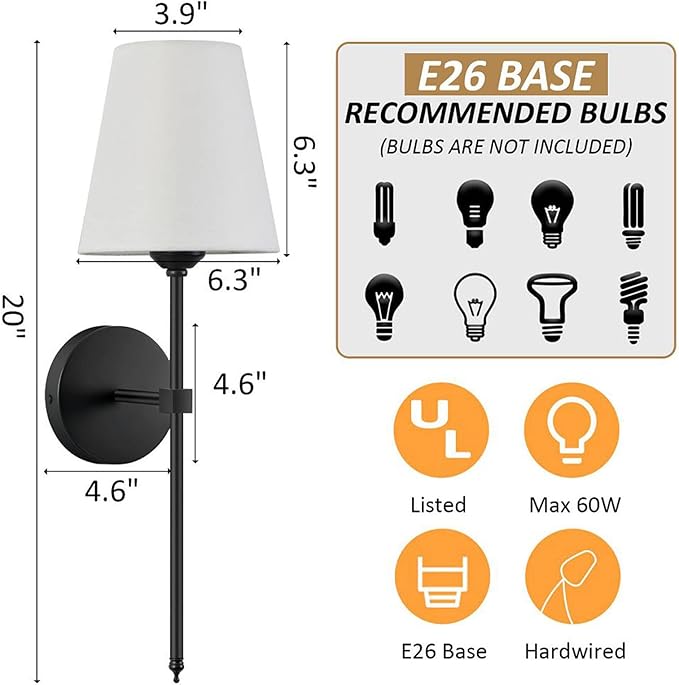 Wall Sconces Sets of 2, Retro Industrial Wall Lamps, Bathroom Vanity Sconces Wall Lighting with White Fabric Shade, Suitable for Bedroom Living Room Corridor Kitchen